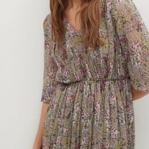 Mango GREEN FLORAL Printed Pleated Dress